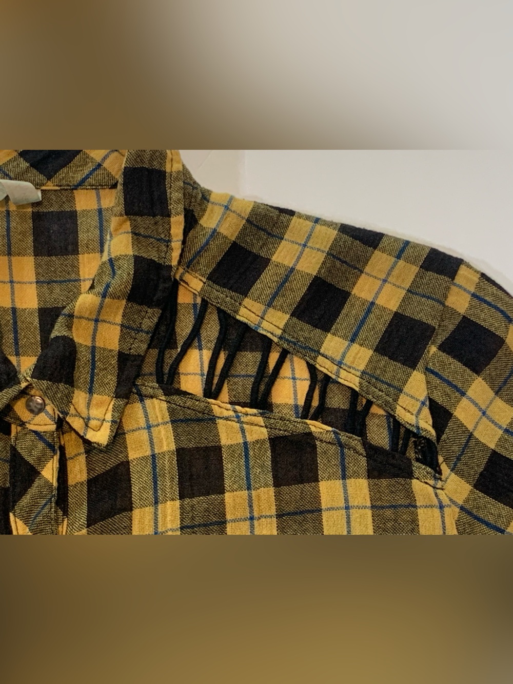 Free People Yellow Plaid Snap-Down Lace-Up Shoulders Boho Flannel Shirt Medium - Picture 8 of 13